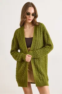 Olalook Women's Oil Green Tiny Baklava Openwork Knitwear Cardigan - Image 2