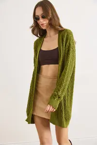 Olalook Women's Oil Green Tiny Baklava Openwork Knitwear Cardigan - Image 3