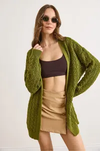 Olalook Women's Oil Green Tiny Baklava Openwork Knitwear Cardigan - Image 4