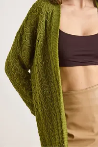 Olalook Women's Oil Green Tiny Baklava Openwork Knitwear Cardigan - Image 5