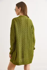 Olalook Women's Oil Green Tiny Baklava Openwork Knitwear Cardigan - Image 6