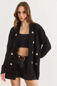 Olalook Women's Black Embroidered Openwork Seasonal Knitwear Cardigan