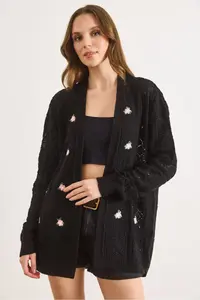 Olalook Women's Black Embroidered Openwork Seasonal Knitwear Cardigan - Image 2