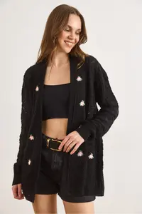 Olalook Women's Black Embroidered Openwork Seasonal Knitwear Cardigan - Image 3