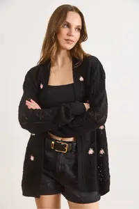 Olalook Women's Black Embroidered Openwork Seasonal Knitwear Cardigan - Image 4