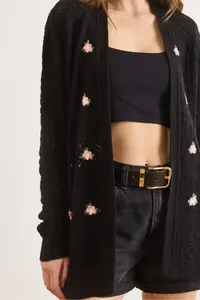 Olalook Women's Black Embroidered Openwork Seasonal Knitwear Cardigan - Image 5