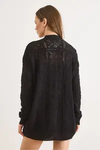 Olalook Women's Black Embroidered Openwork Seasonal Knitwear Cardigan - Image 6