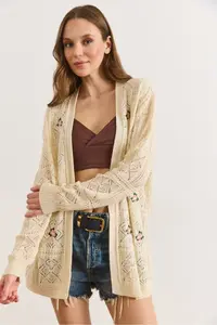 Olalook Women's Ecru Embroidered Openwork Seasonal Knitwear Cardigan