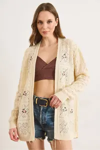 Olalook Women's Ecru Embroidered Openwork Seasonal Knitwear Cardigan - Image 2