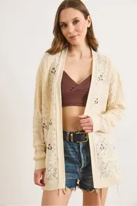 Olalook Women's Ecru Embroidered Openwork Seasonal Knitwear Cardigan - Image 3