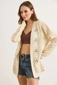 Olalook Women's Ecru Embroidered Openwork Seasonal Knitwear Cardigan - Image 4