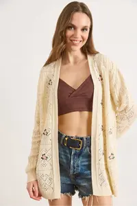 Olalook Women's Ecru Embroidered Openwork Seasonal Knitwear Cardigan - Image 5
