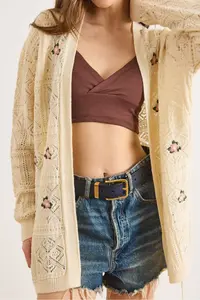 Olalook Women's Ecru Embroidered Openwork Seasonal Knitwear Cardigan - Image 6