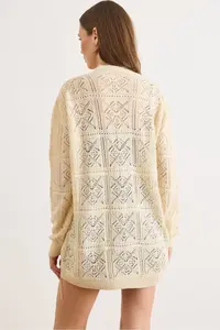 Olalook Women's Ecru Embroidered Openwork Seasonal Knitwear Cardigan - Image 7