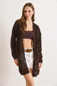 Olalook Women's Brown Openwork Pattern Blocked Seasonal Knitwear Cardigan - Image 2