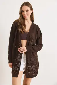 Olalook Women's Brown Openwork Pattern Blocked Seasonal Knitwear Cardigan - Image 3