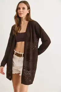 Olalook Women's Brown Openwork Pattern Blocked Seasonal Knitwear Cardigan - Image 4
