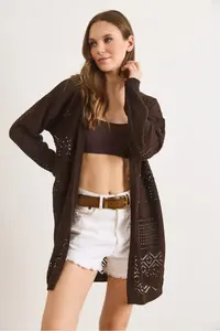 Olalook Women's Brown Openwork Pattern Blocked Seasonal Knitwear Cardigan - Image 5
