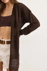 Olalook Women's Brown Openwork Pattern Blocked Seasonal Knitwear Cardigan - Image 6