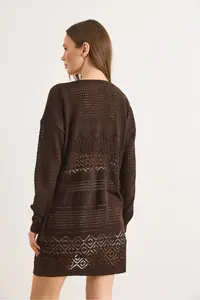 Olalook Women's Brown Openwork Pattern Blocked Seasonal Knitwear Cardigan - Image 7