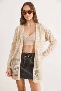Olalook Women's Stone Openwork Pattern Blocked Seasonal Knitwear Cardigan - Image 2