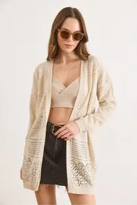 Olalook Women's Stone Openwork Pattern Blocked Seasonal Knitwear Cardigan - Image 3