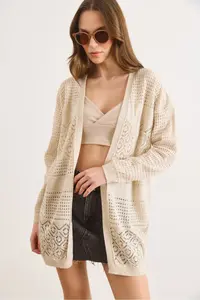 Olalook Women's Stone Openwork Pattern Blocked Seasonal Knitwear Cardigan - Image 4