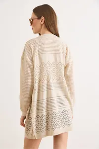 Olalook Women's Stone Openwork Pattern Blocked Seasonal Knitwear Cardigan - Image 6
