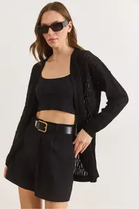 Olalook Women's Black Stripe Patterned Openwork Seasonal Knitwear Cardigan