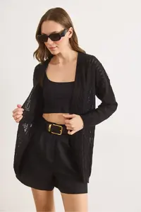 Olalook Women's Black Stripe Patterned Openwork Seasonal Knitwear Cardigan - Image 3