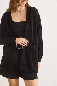 Olalook Women's Black Stripe Patterned Openwork Seasonal Knitwear Cardigan - Image 4