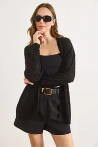 Olalook Women's Black Stripe Patterned Openwork Seasonal Knitwear Cardigan - Image 5