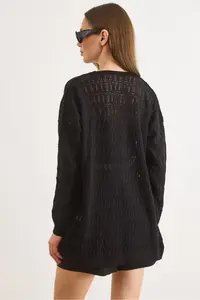 Olalook Women's Black Stripe Patterned Openwork Seasonal Knitwear Cardigan - Image 6