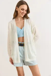Olalook Women's Ecru Stripe Patterned Openwork Seasonal Knitwear Cardigan
