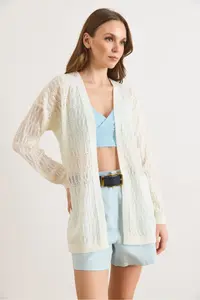 Olalook Women's Ecru Stripe Patterned Openwork Seasonal Knitwear Cardigan - Image 2
