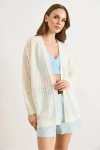 Olalook Women's Ecru Stripe Patterned Openwork Seasonal Knitwear Cardigan - Image 3
