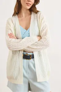 Olalook Women's Ecru Stripe Patterned Openwork Seasonal Knitwear Cardigan - Image 4
