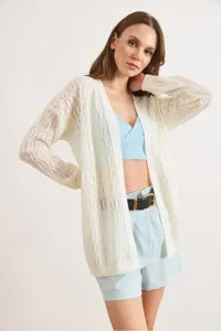 Olalook Women's Ecru Stripe Patterned Openwork Seasonal Knitwear Cardigan - Image 5