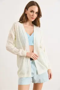 Olalook Women's Ecru Stripe Patterned Openwork Seasonal Knitwear Cardigan - Image 6
