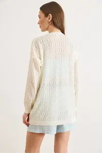 Olalook Women's Ecru Stripe Patterned Openwork Seasonal Knitwear Cardigan - Image 7