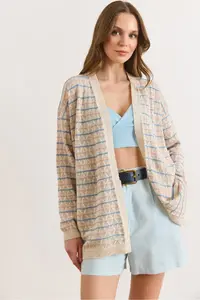 Olalook Women's Stone Colored Striped Openwork Seasonal Knitwear Cardigan
