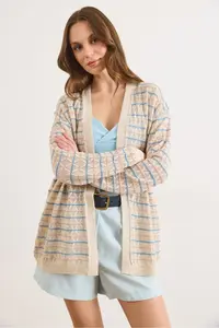 Olalook Women's Stone Colored Striped Openwork Seasonal Knitwear Cardigan - Image 2