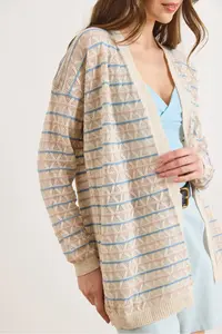 Olalook Women's Stone Colored Striped Openwork Seasonal Knitwear Cardigan - Image 3