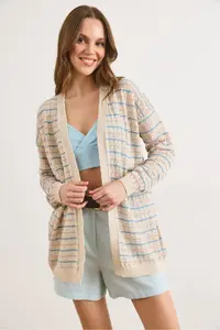Olalook Women's Stone Colored Striped Openwork Seasonal Knitwear Cardigan - Image 4