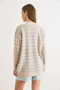 Olalook Women's Stone Colored Striped Openwork Seasonal Knitwear Cardigan - Image 5