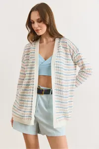 Olalook Women's White Color Striped Openwork Seasonal Knitwear Cardigan