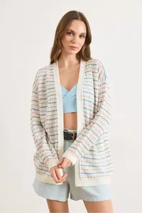 Olalook Women's White Color Striped Openwork Seasonal Knitwear Cardigan - Image 2
