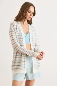 Olalook Women's White Color Striped Openwork Seasonal Knitwear Cardigan - Image 3