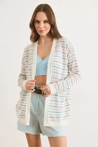Olalook Women's White Color Striped Openwork Seasonal Knitwear Cardigan - Image 4