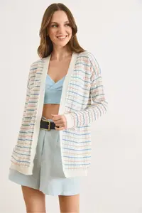 Olalook Women's White Color Striped Openwork Seasonal Knitwear Cardigan - Image 5